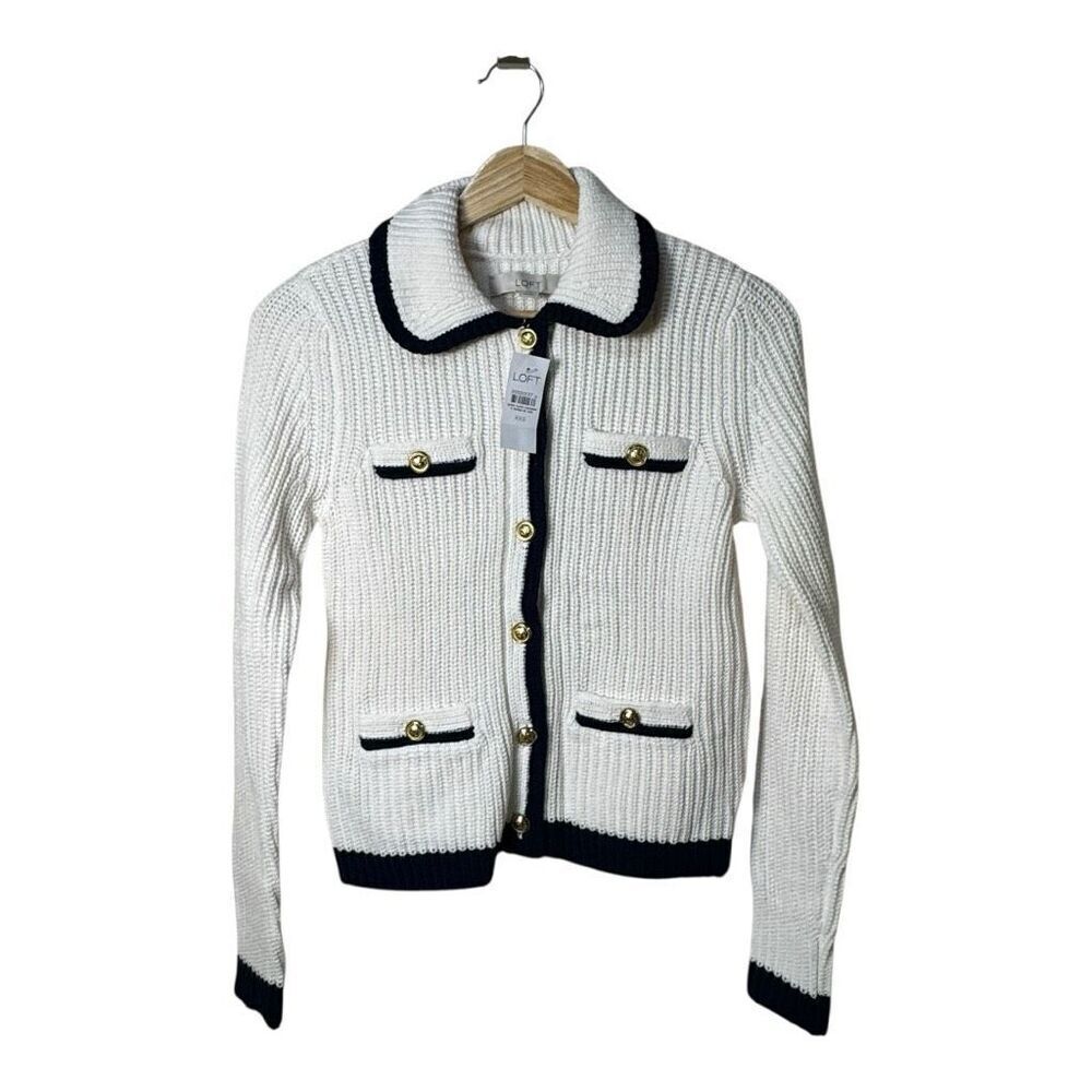 Loft tipped ribbed sweater jacket cream‎ navy blue trim  xxs - Picture 3 of 11